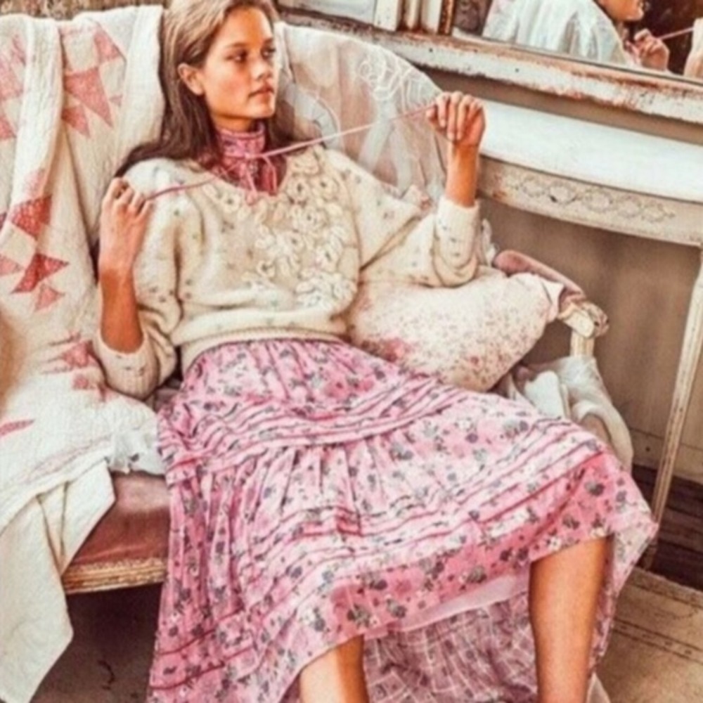 LoveShackFancy Pink Floral Maxi Skirt